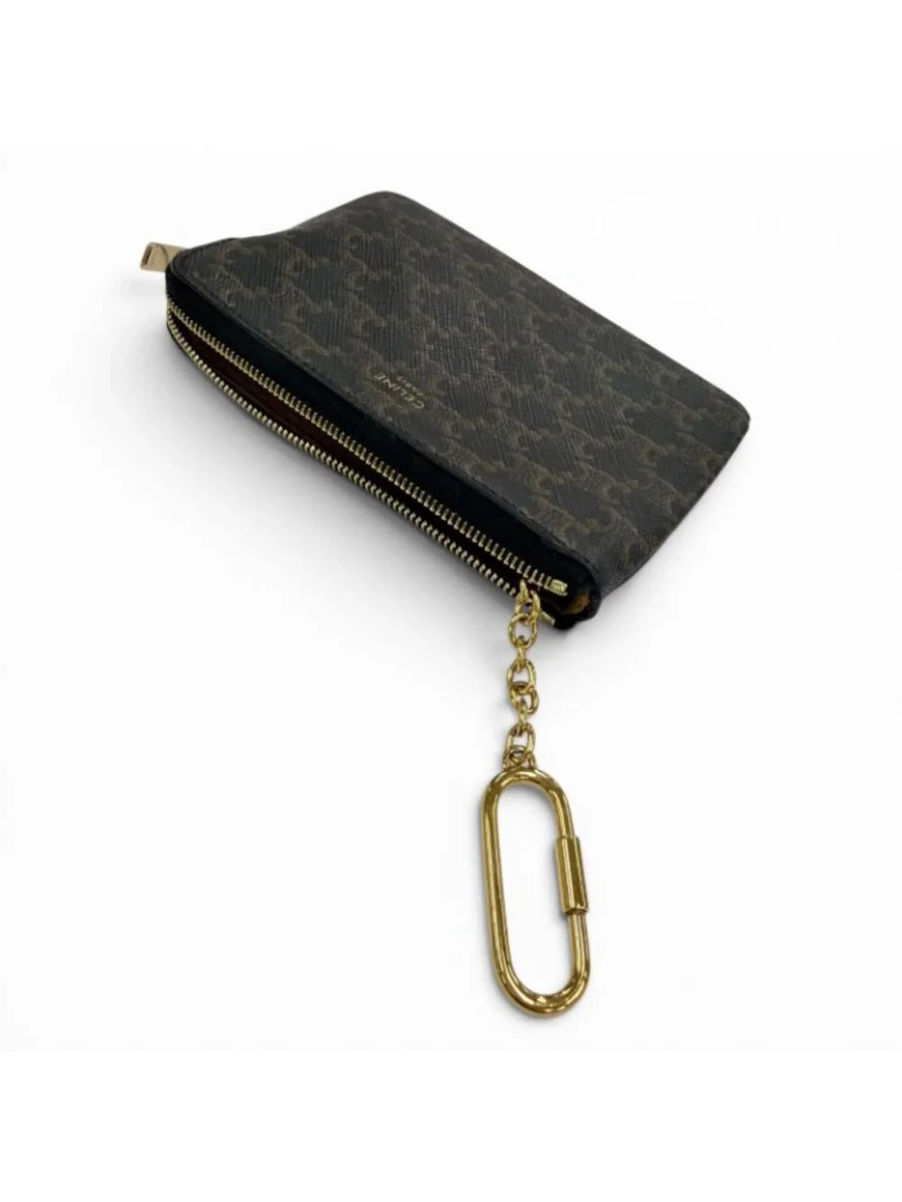 Celine Triomphe Canvas Key Ring Coin Case Black